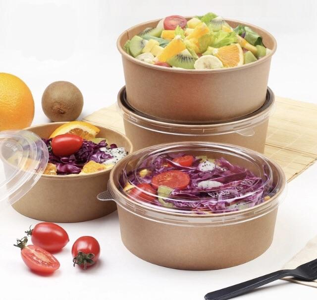25 Oz 750ml Disposable Kraft Salad Bowls With Lids For Salad and Soup Eco Friendly 0
